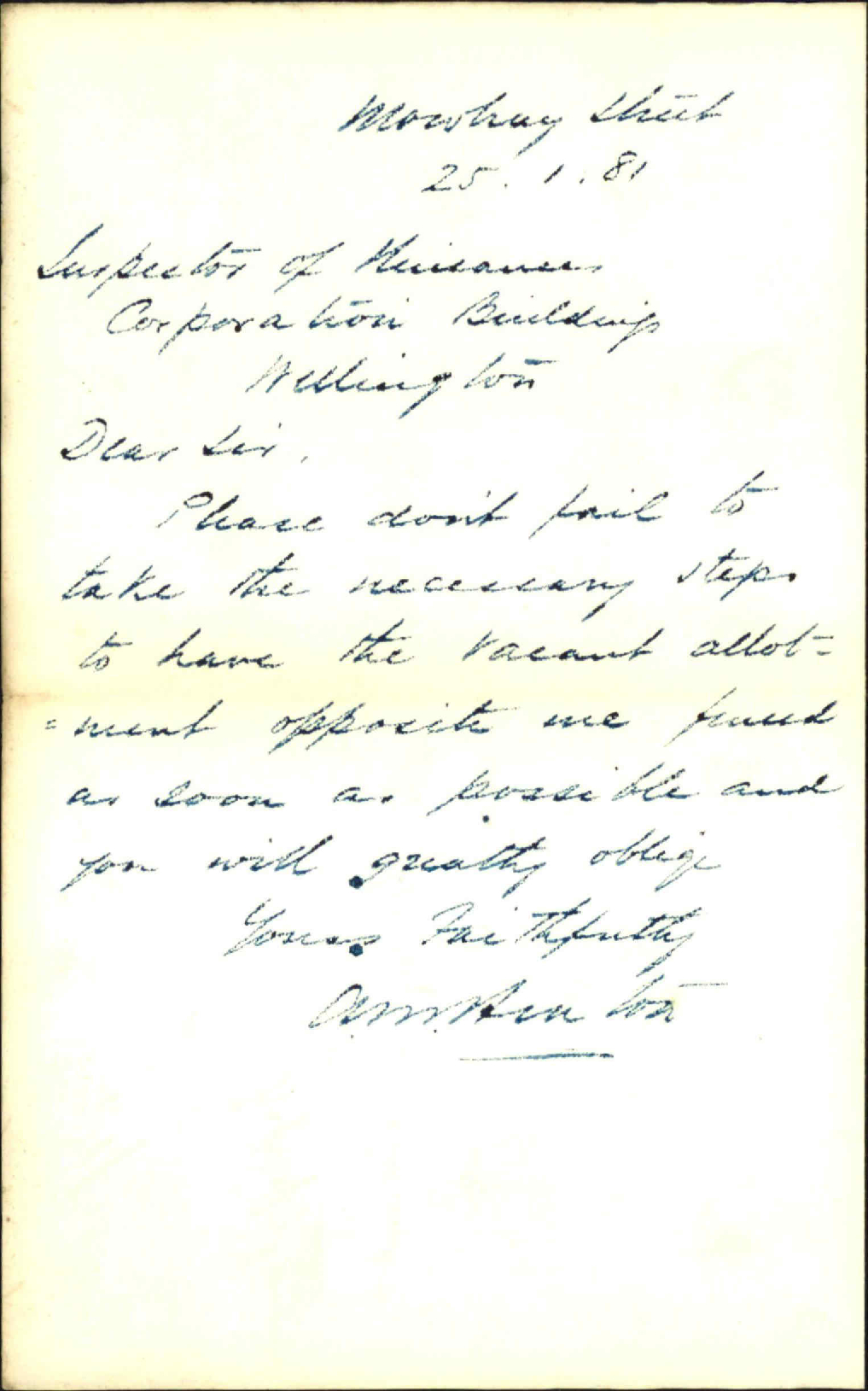 Inspector of Nuisances, regarding fencing in vacant allotment