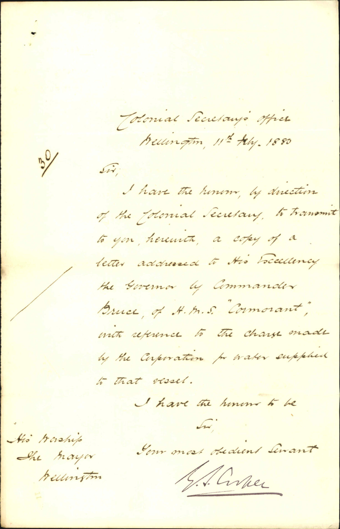 Colonial Secretary, with copy of letter to government regarding water supplied to HMS Cormorant