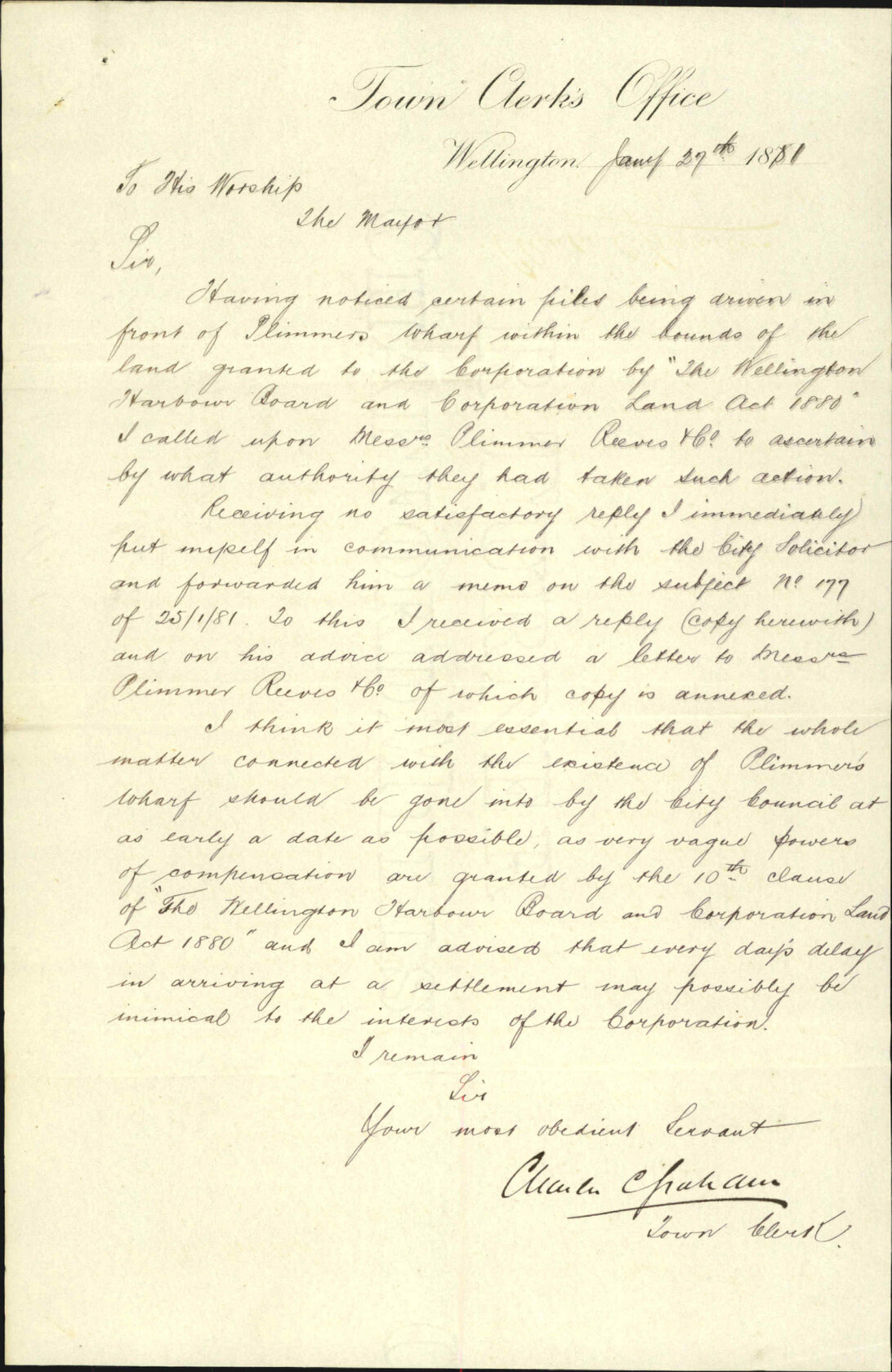 Town Clerk, Wellington, regarding additions to Plimmer's wharf
