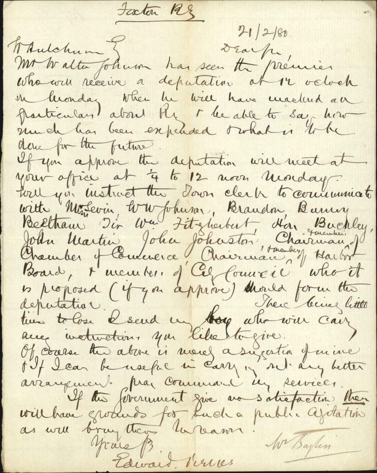 Paul Reeves, regarding deputation to Government as to West Coast Railway