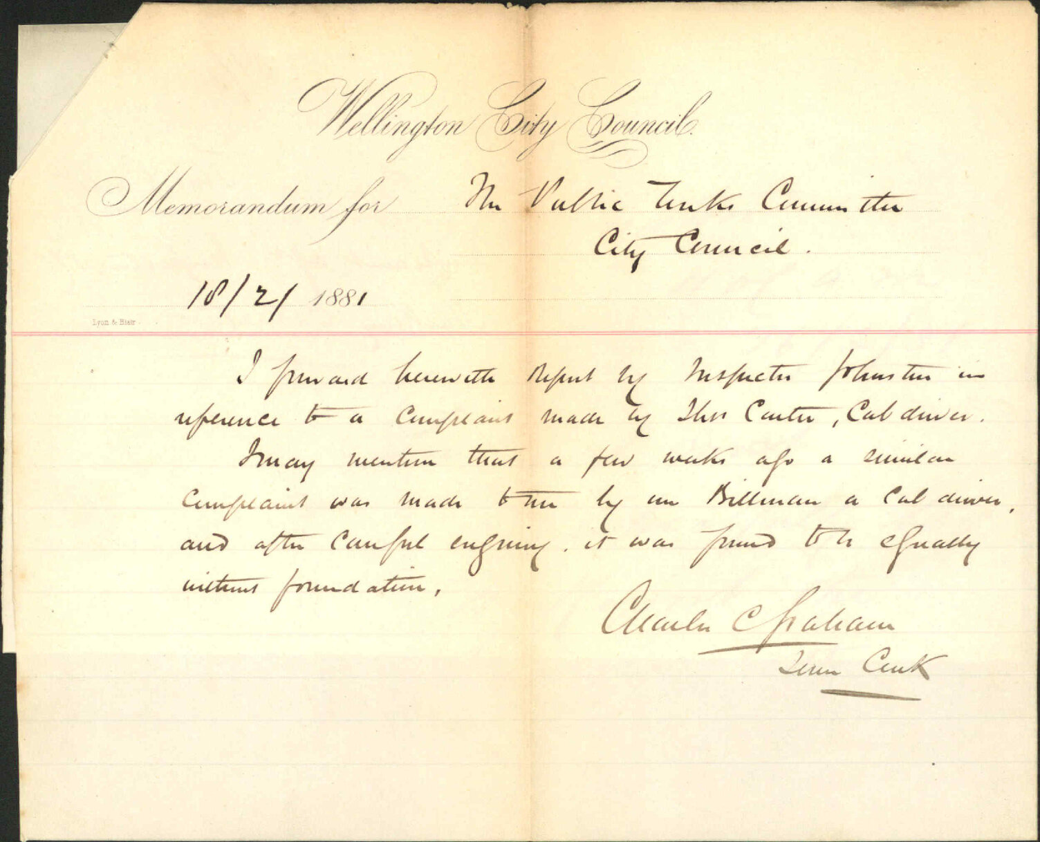 Thomas Carter, complaint against Inspector of Hackney carriages