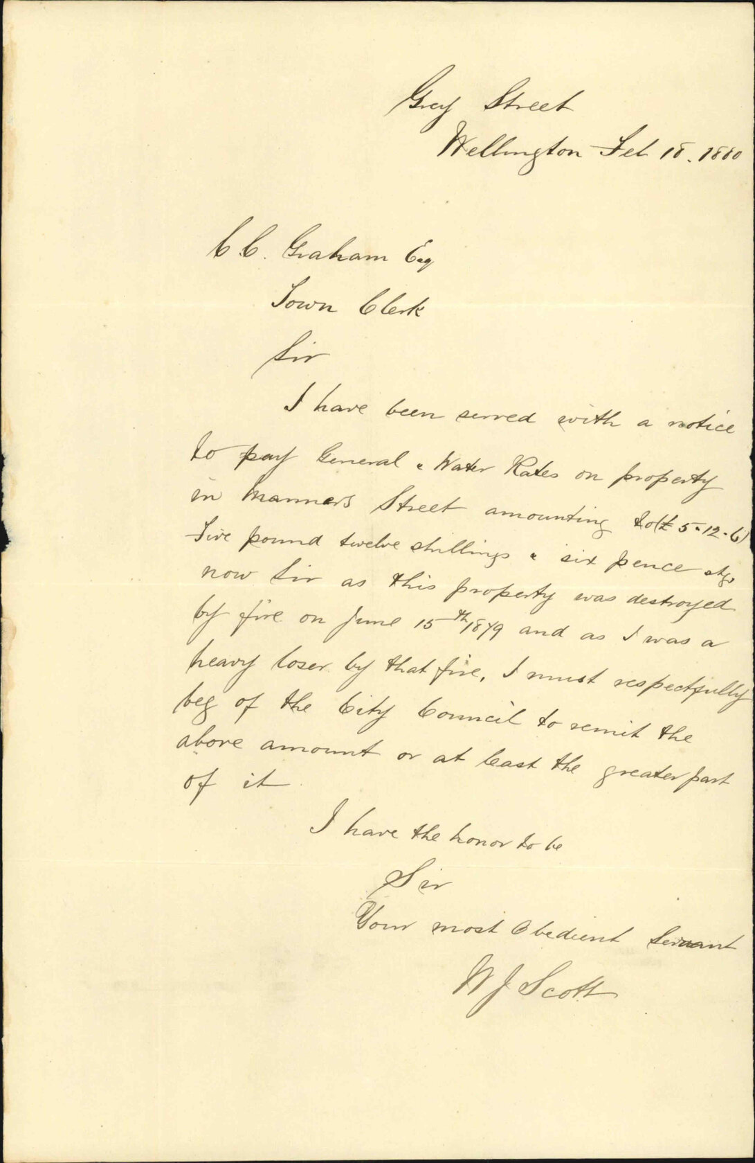 W J Scott, asking for remission of rates - regarding late fire