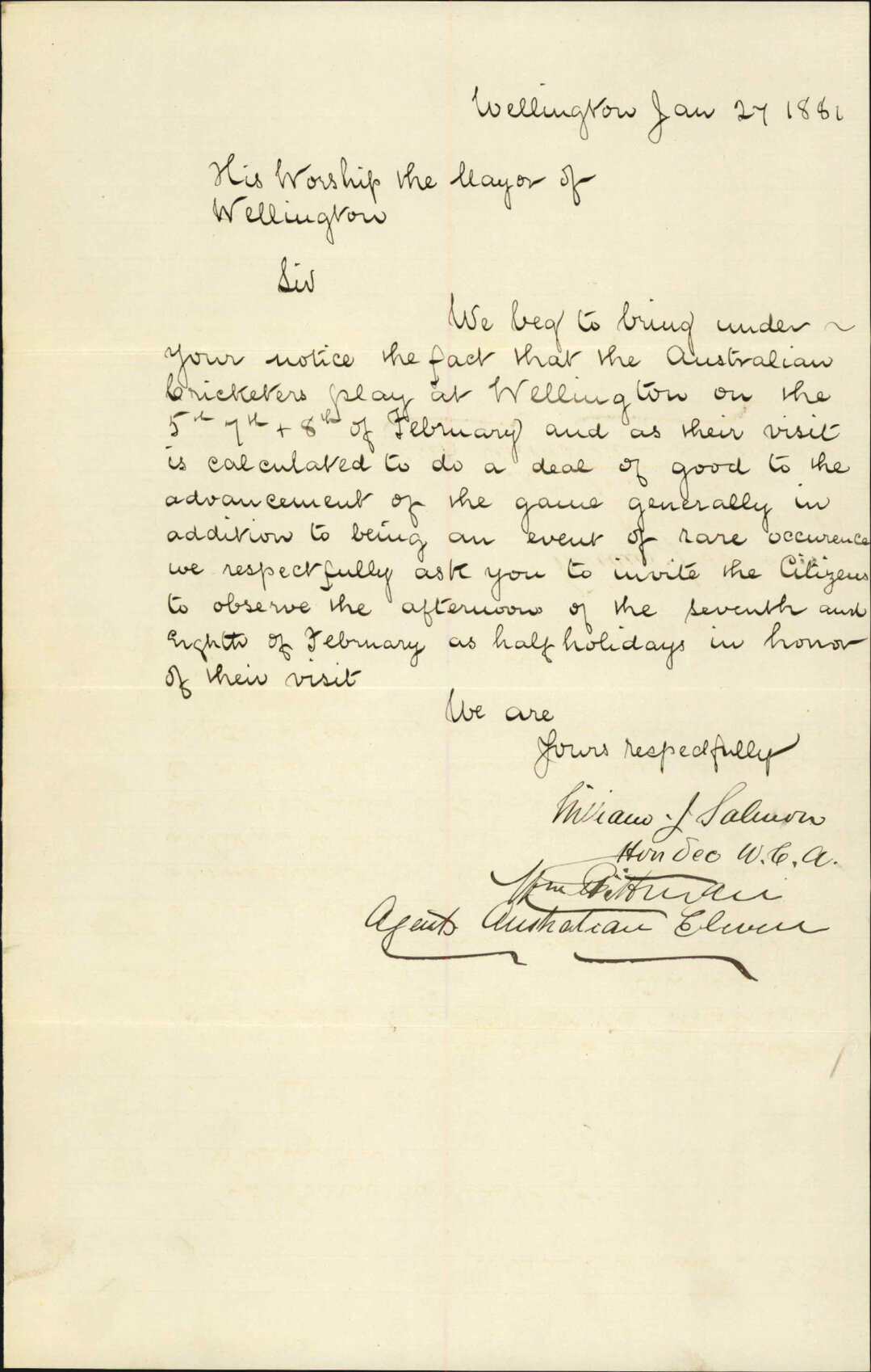 Cricketers Association, application for holiday on the occasion of the Australian cricket match