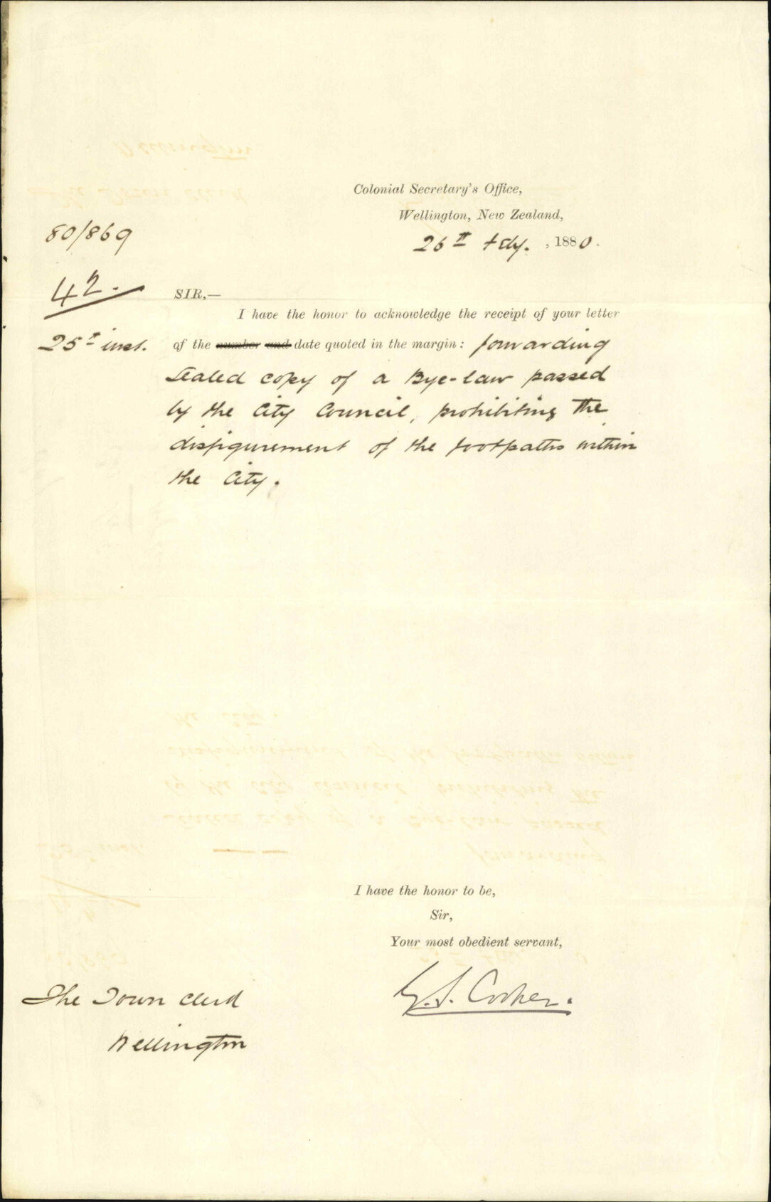 Colonial Secretary, acknowledging receipt of bylaw regarding stencilling on footpath