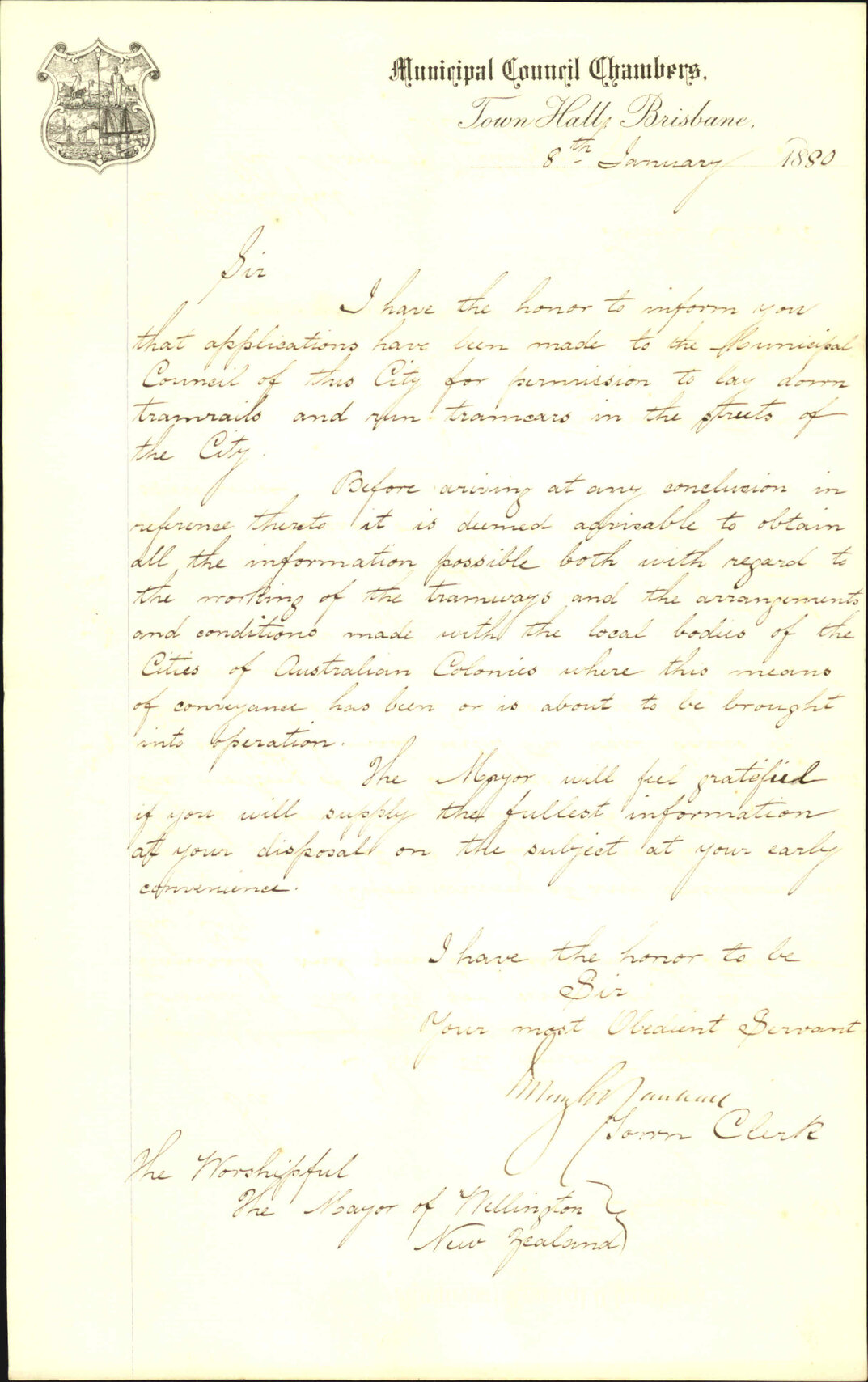 Town Clerk Brisbane, asking for information regarding Tramway