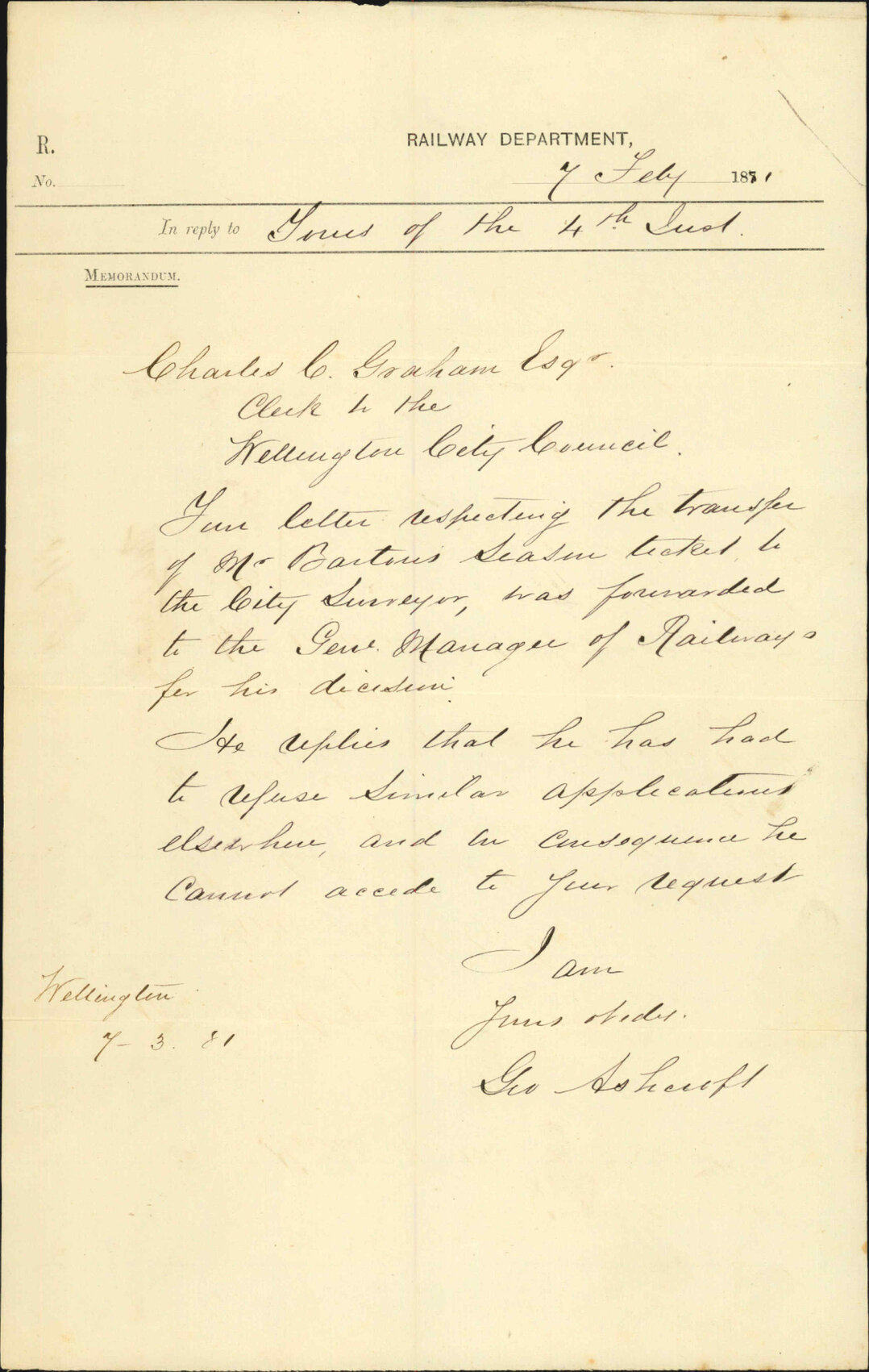 Railway Department, declining to alter Mr Barton's season ticket