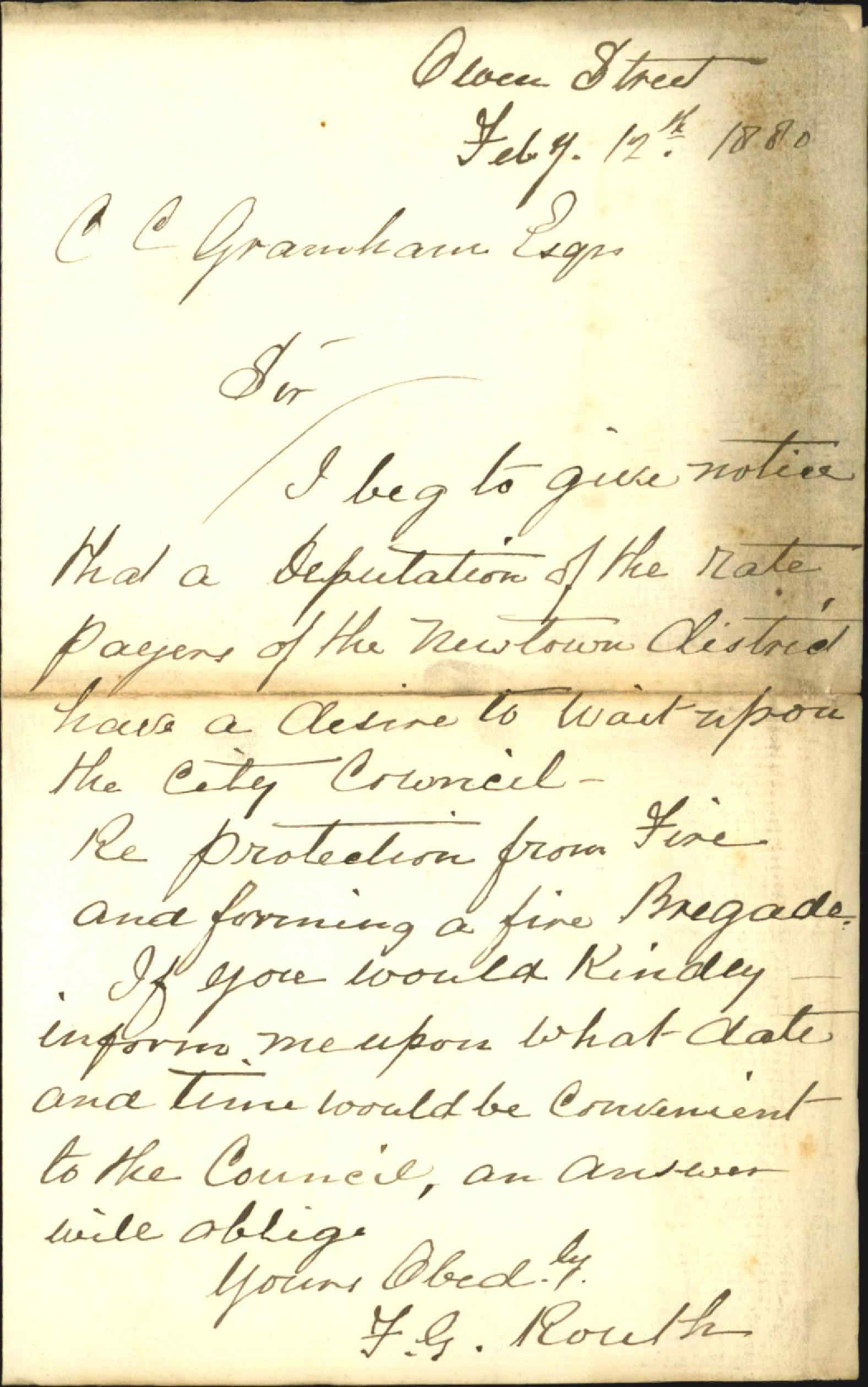 F G Routh, deputation to wait on Council regarding fire protection at Newtown