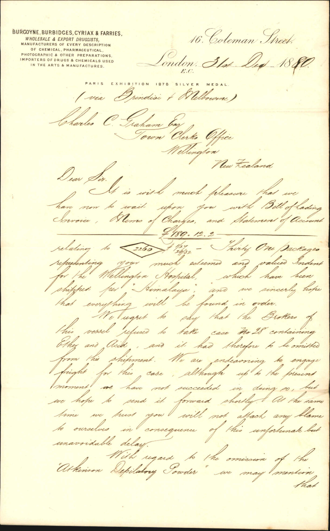 Burgoyne, Burbidges, Cyriax and Farries, advising shipment of drugs per "Himalaya"