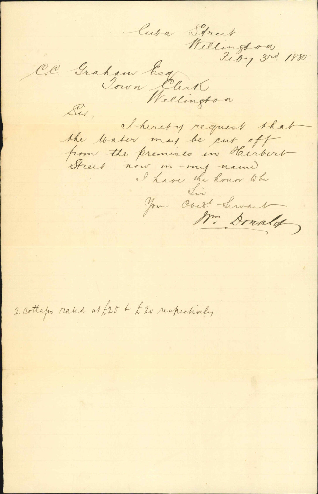 W Donald, requesting water to be cut off from premises in Herbert Street