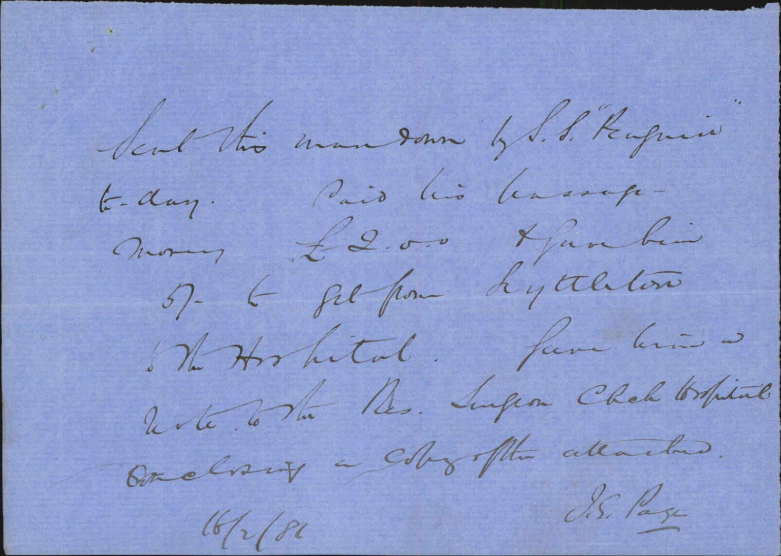 Patea County Council, asking that patient [W Hudson] from hospital be at once sent to Christchurch hospital