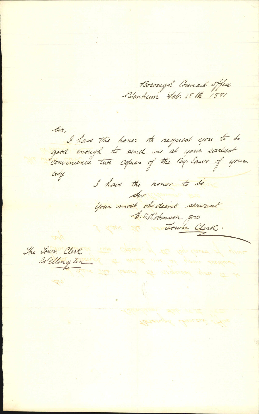 Town Clerk, Blenheim, asking for two copies of bylaws