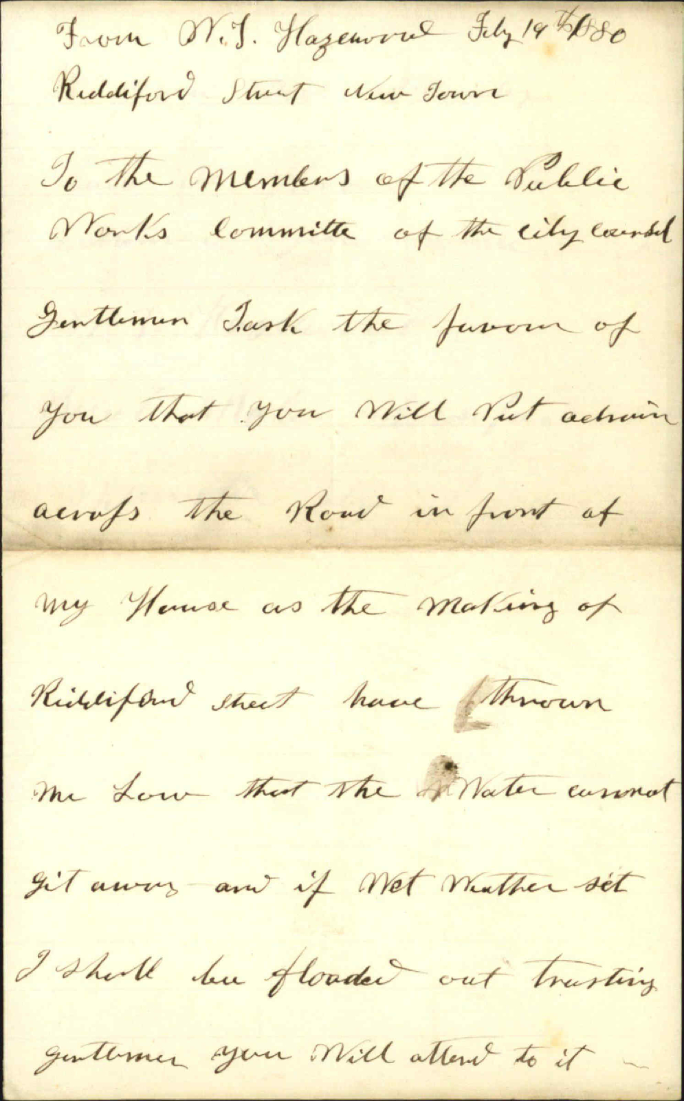 W Hazlewood, application for drain in Riddiford Street