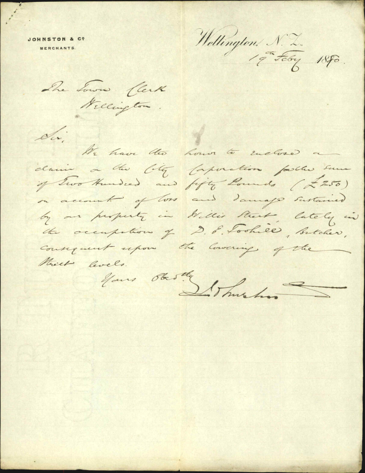 Johnston &amp; Co, claim on account of the Willis Street levels