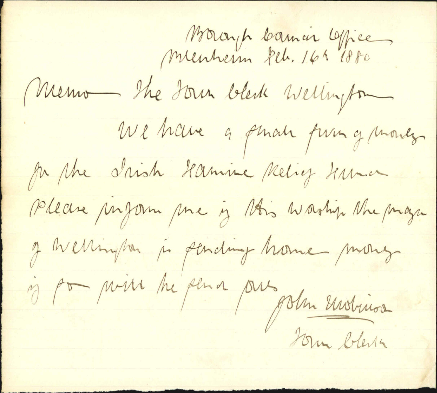 Town Clerk Blenheim, regarding Irish famine relief fund