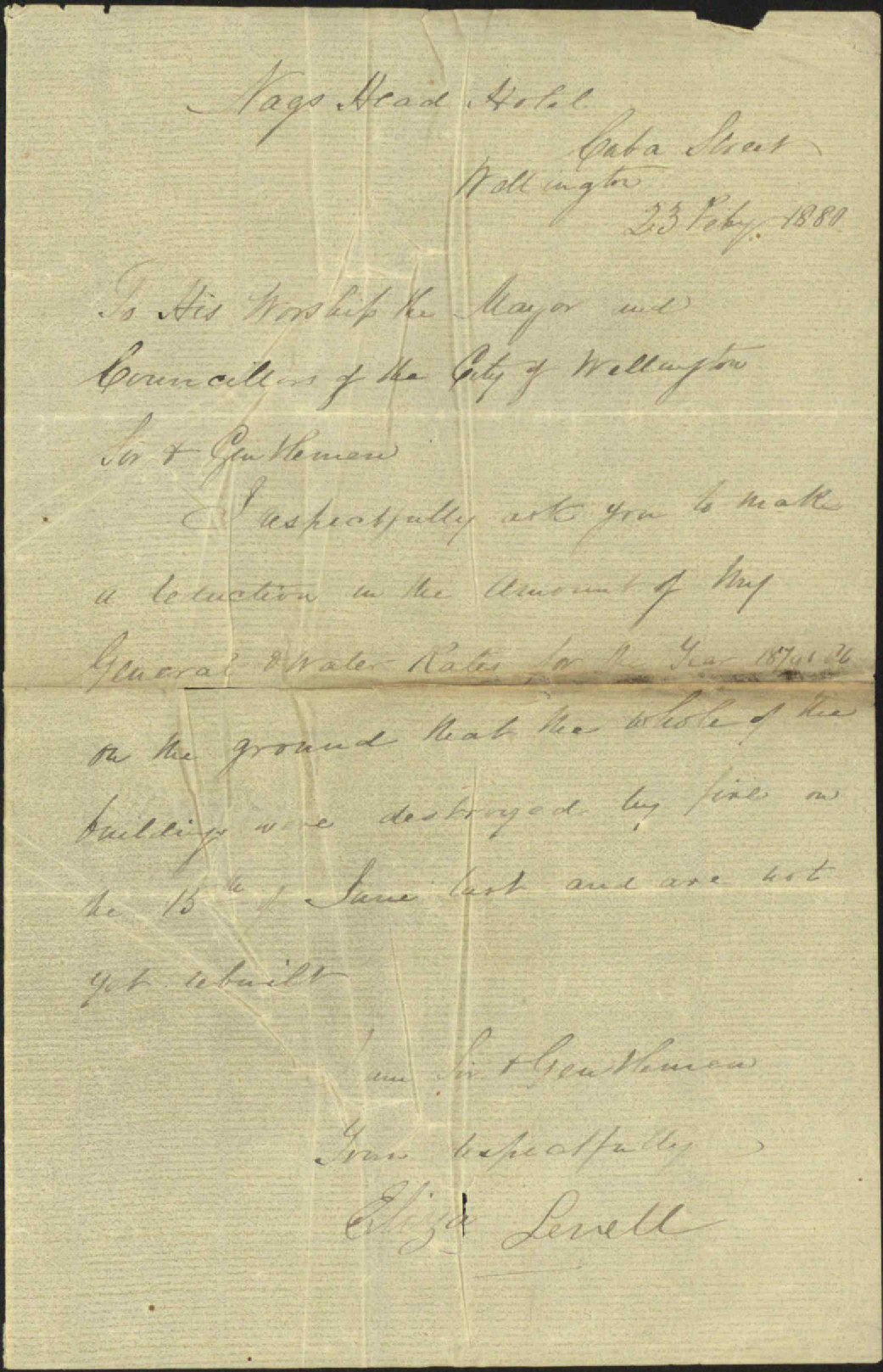 Eliza Revell, asking remission of rates, Manners Street fire