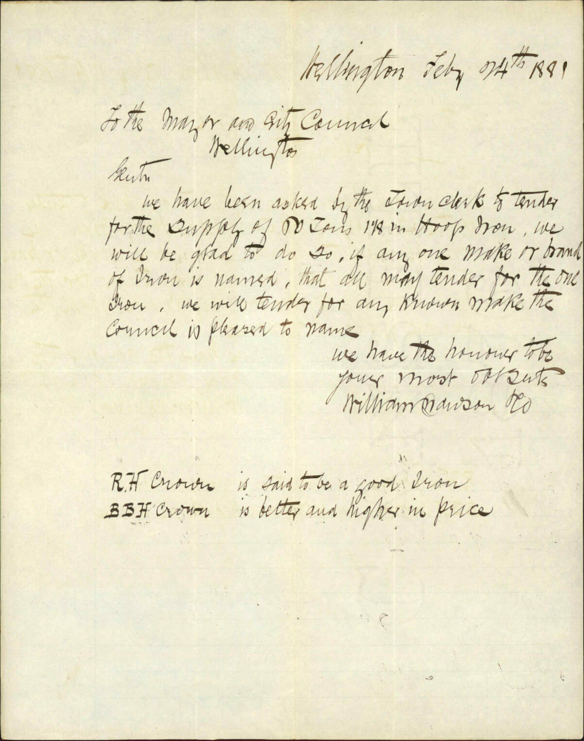 William Dawson and Co, regarding tender for hoop iron