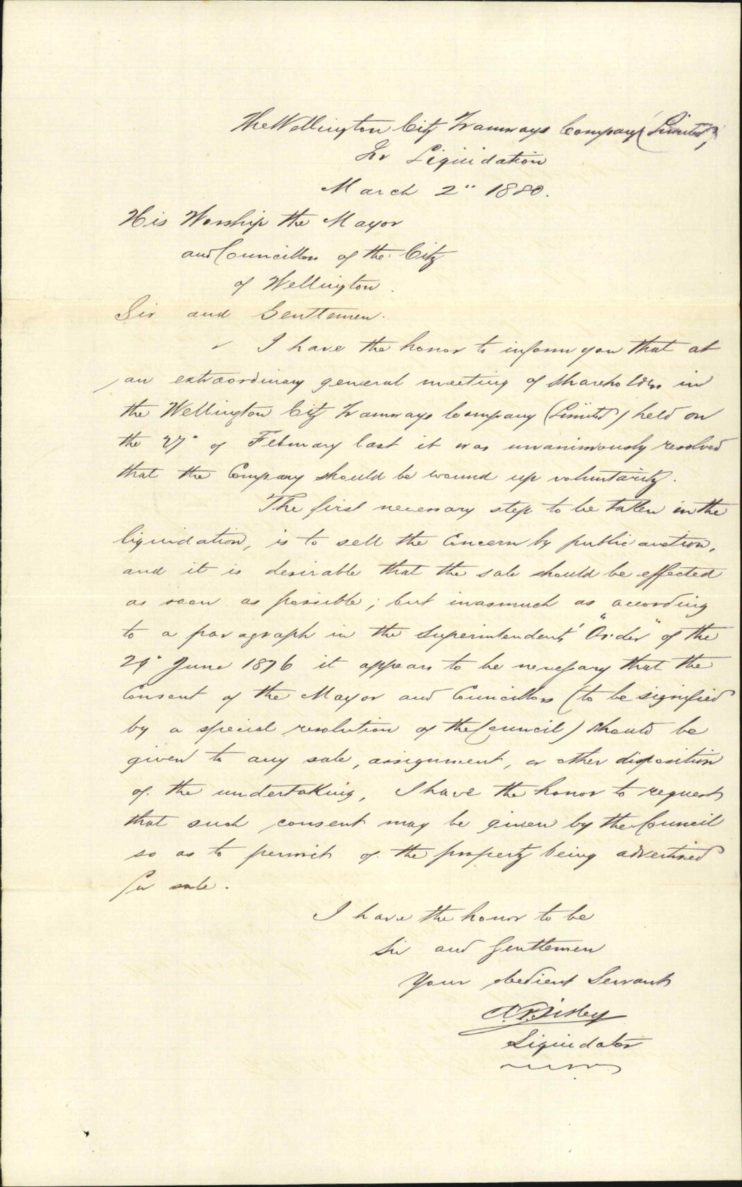 City Tramways Company, asking authority of Council for sale of property