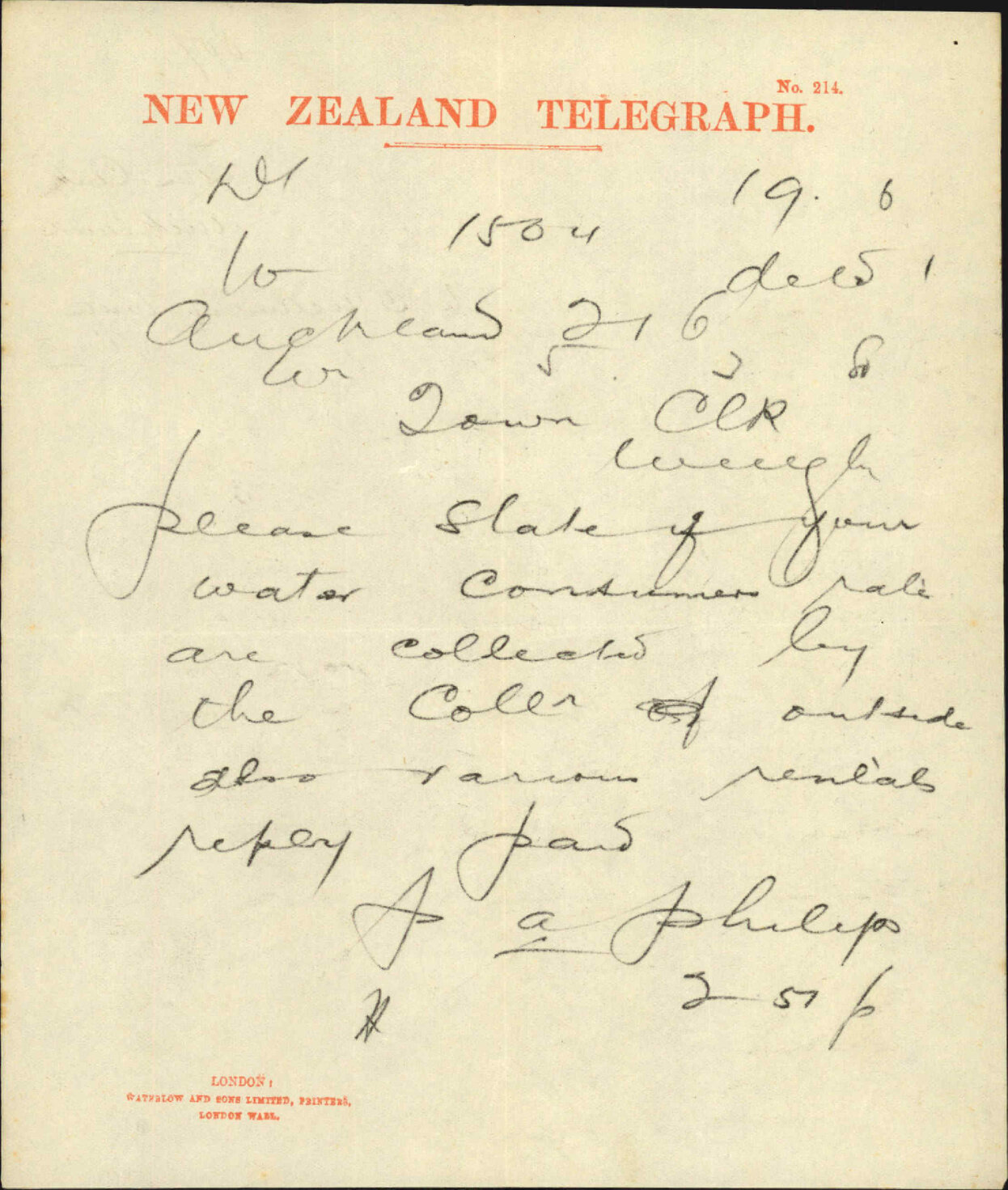 Town Clerk Auckland, regarding collection of water rates