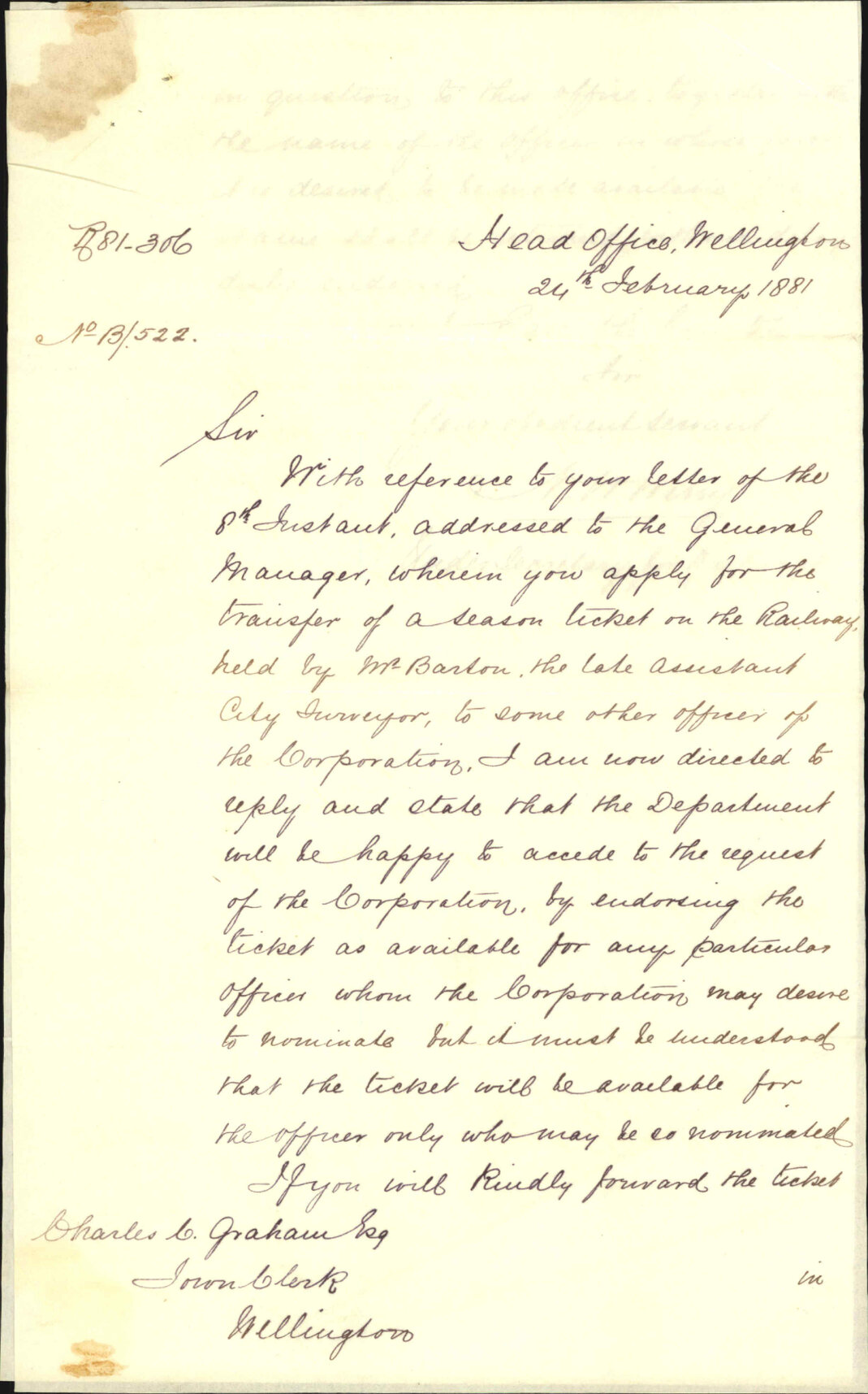 Railway Department, regarding Mr Barton's season ticket