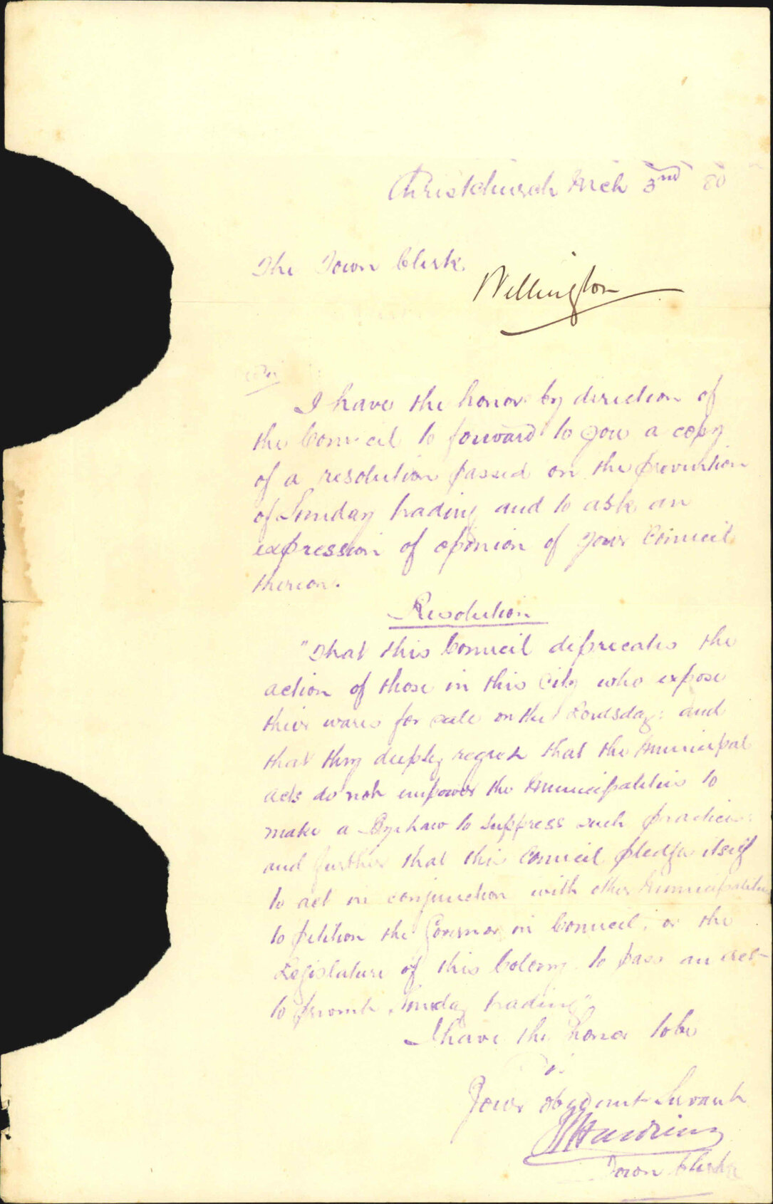 Town Clerk Christchurch, regarding prohibition of Sunday trading
