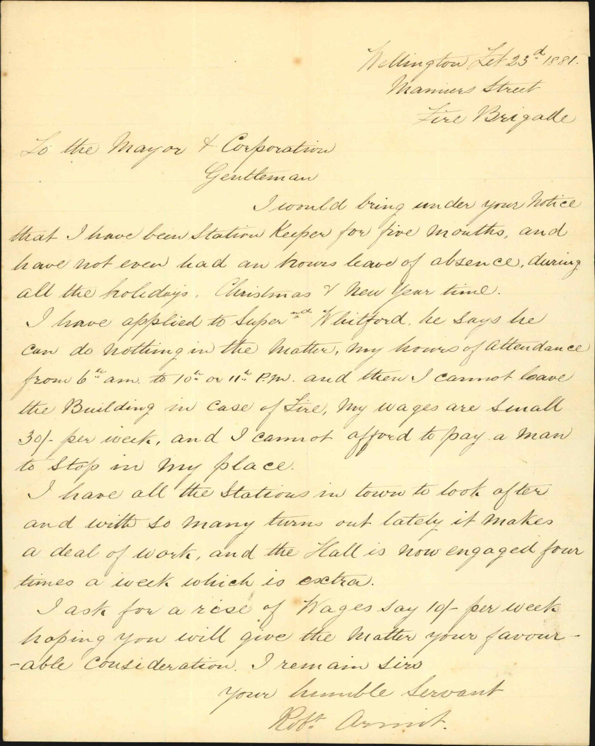 Robert Armit, application for increase in salary