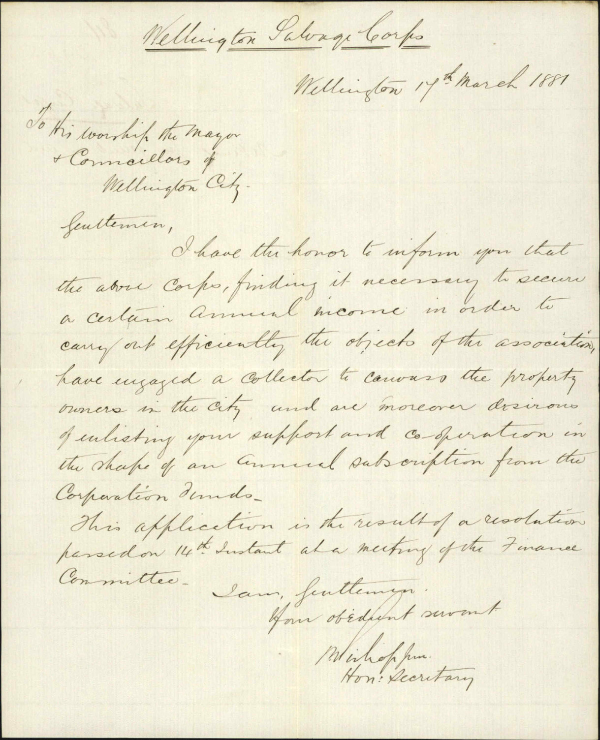Wellington Salvage Corps, asking for grant in aid
