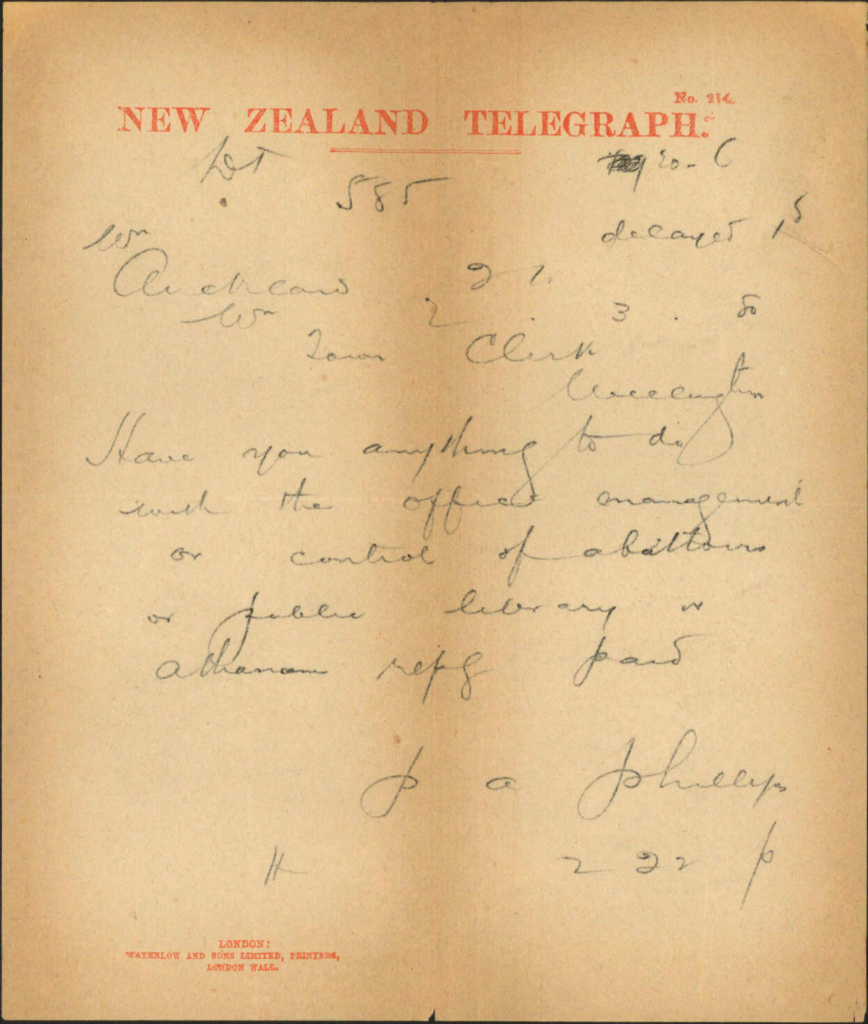Town Clerk Auckland, regarding official control of Abattoir