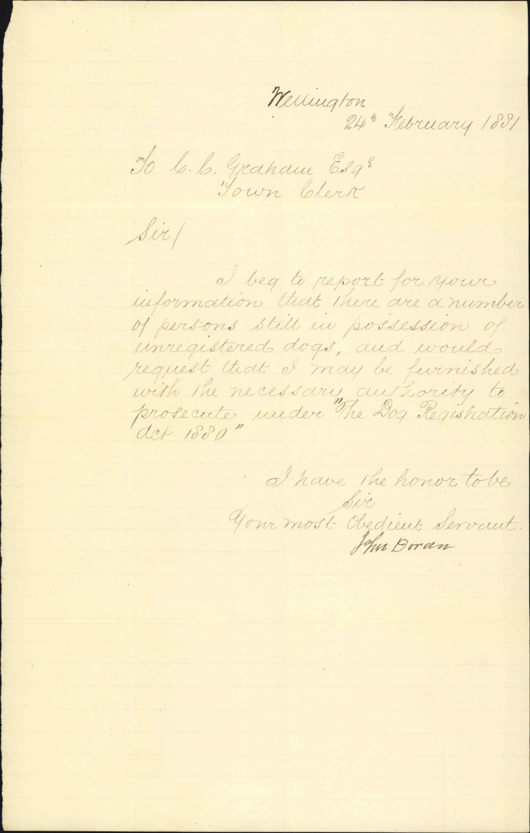 John Doran, regarding Collection of dog tax