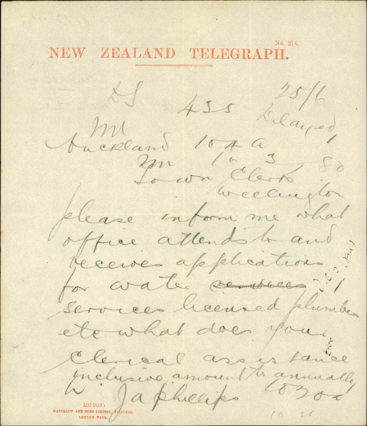 Town Clerk Auckland, regarding office administration