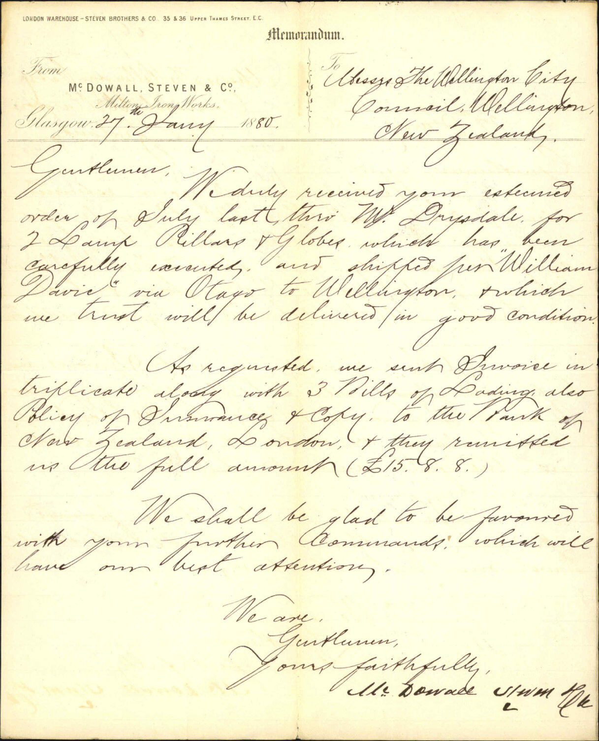 McDowall Steven and Company, advising shipment of lamp pillard for Corporation Offices for "William Davie"