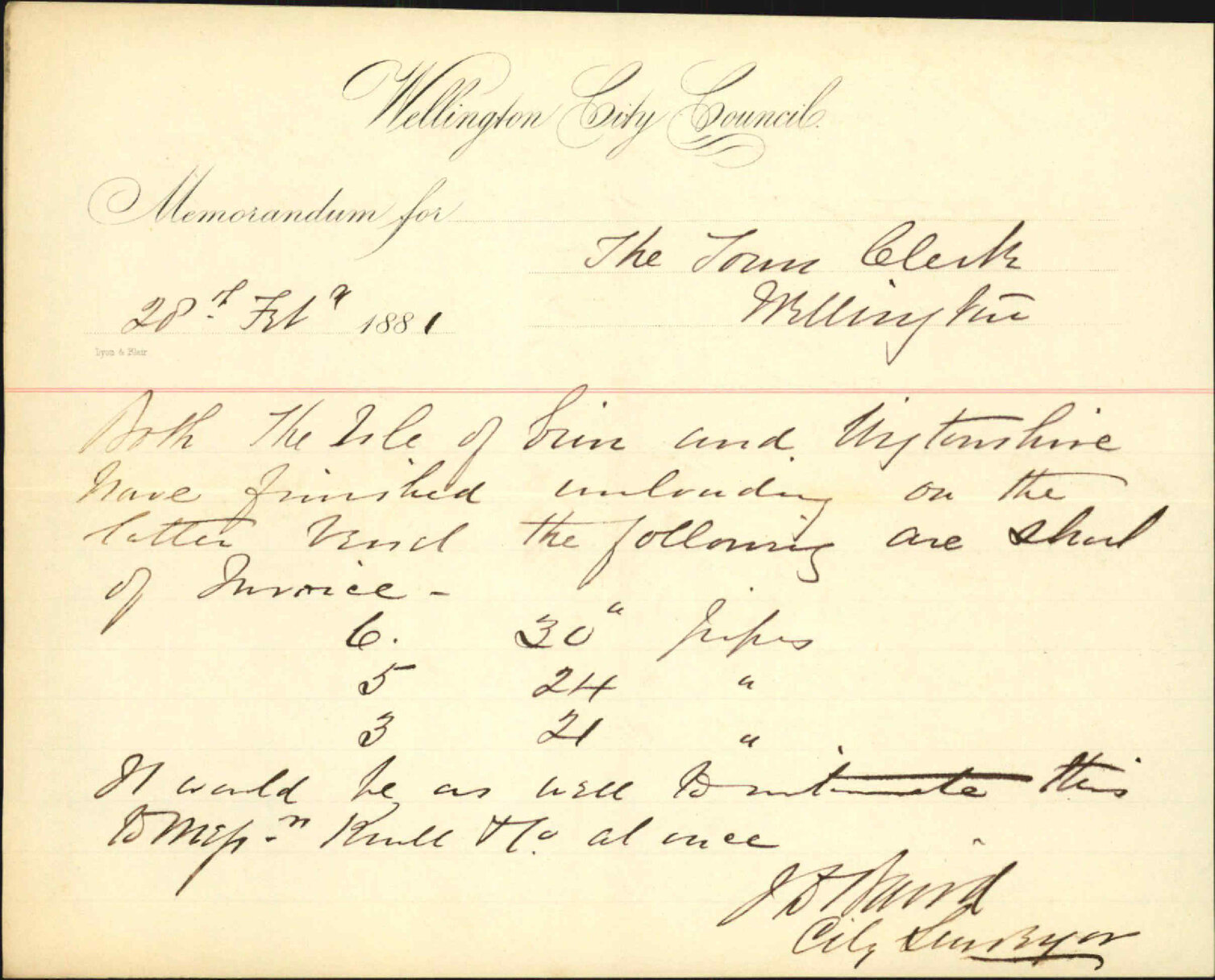 City Surveyor, regarding pipes short from "Wigtonshire"