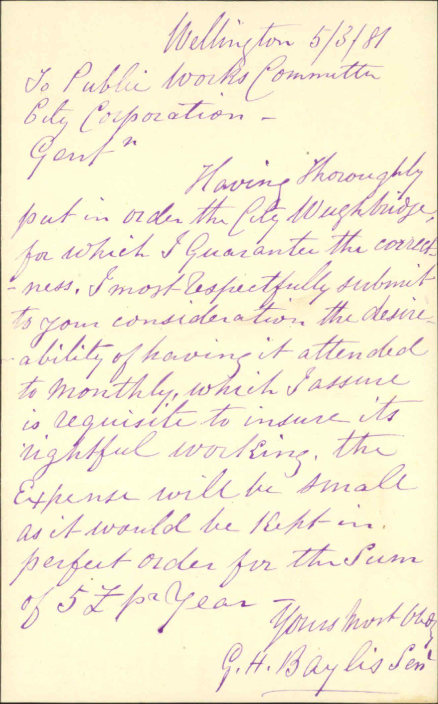 G H Baylis Sen, regarding keeping weighbridge in order for &pound;5 per annum