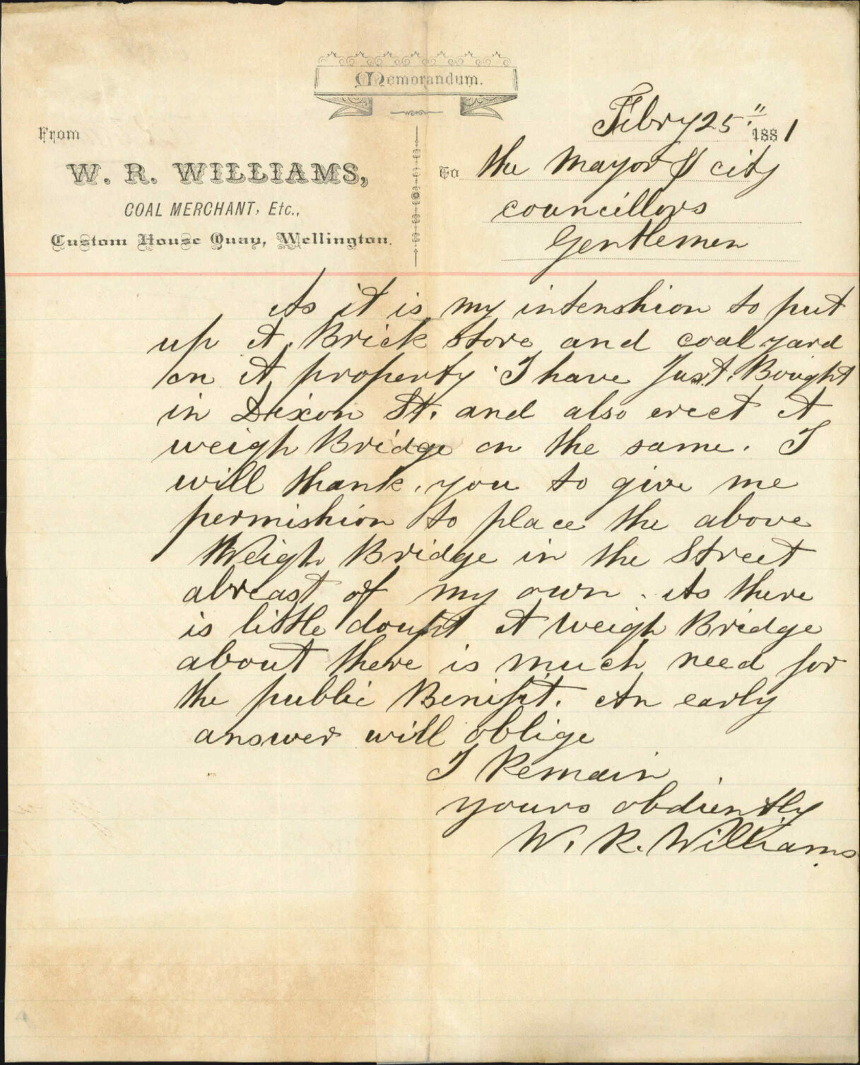 W R Williams, application for leave to erect weighbridge