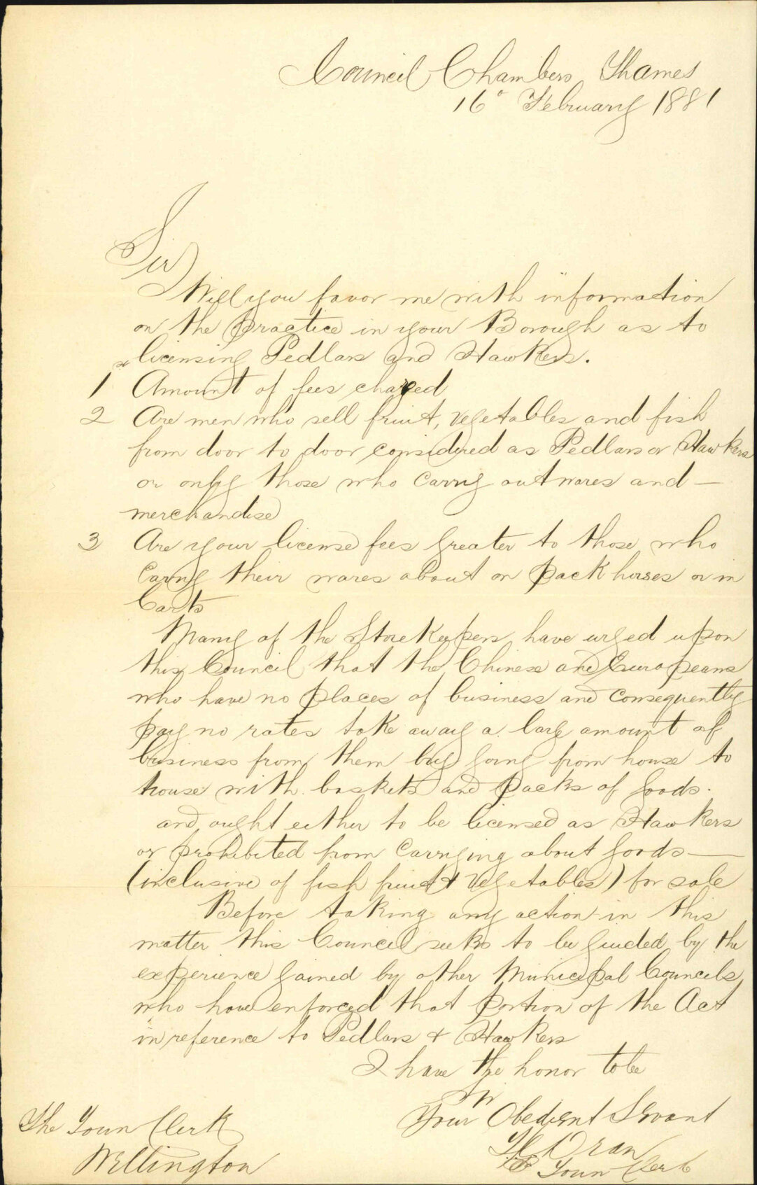 Town Clerk, Thames, regarding bylaws pedlars and hawkers