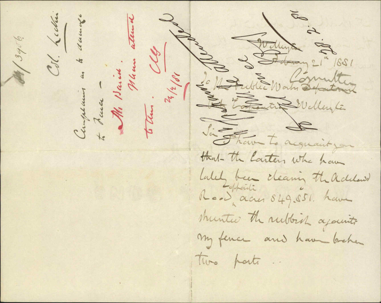 Colonel William Leckie, complaint as to damage to fence