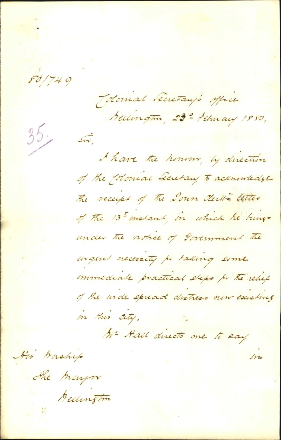 Colonial Secretary, regarding work for the unemployed