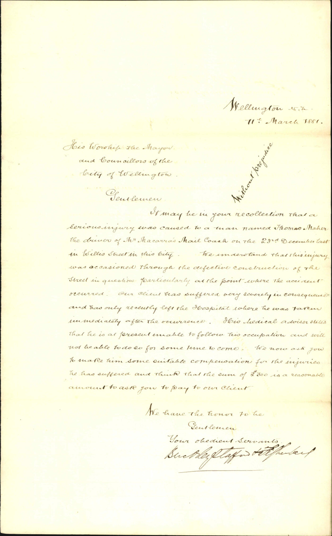 Buckley Stafford and Fitzherbert, asking compensation for Thomas Maher, injured in Willis Street