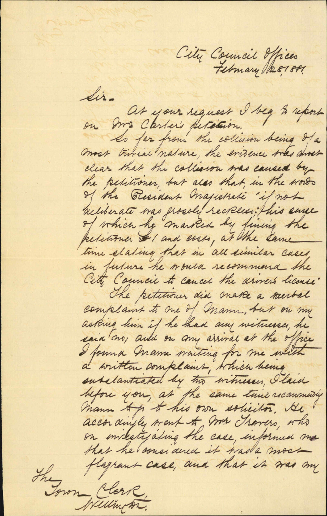 Inspector of Nuisances, Thomas Carter's petition regarding prosecution for breach of bylaws