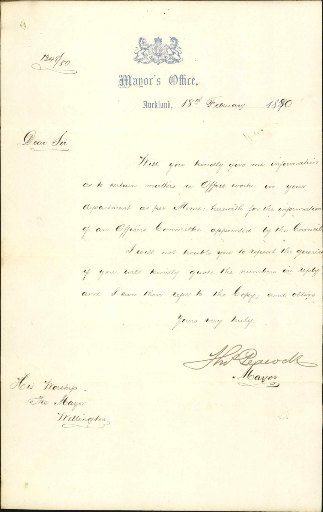 Mayor of Auckland, asking information as to official staff and their duties