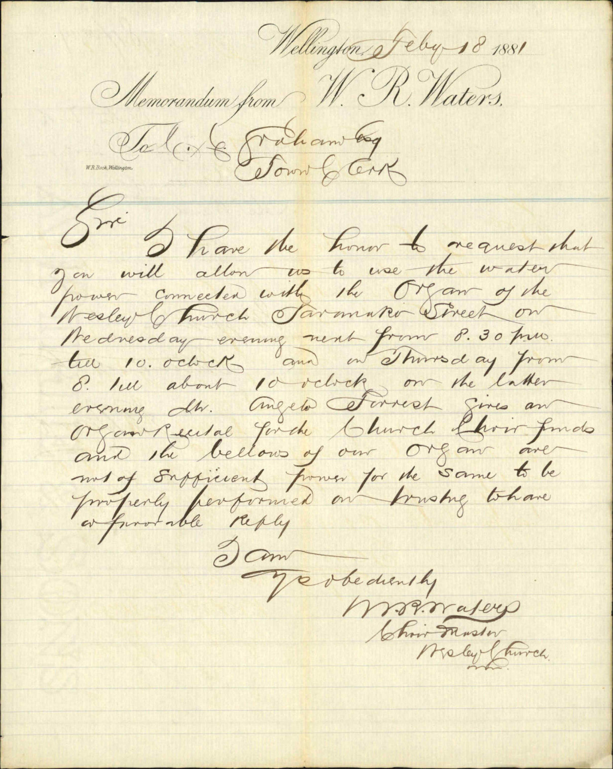 W R Waters, application for water to Wesleyan Church organ