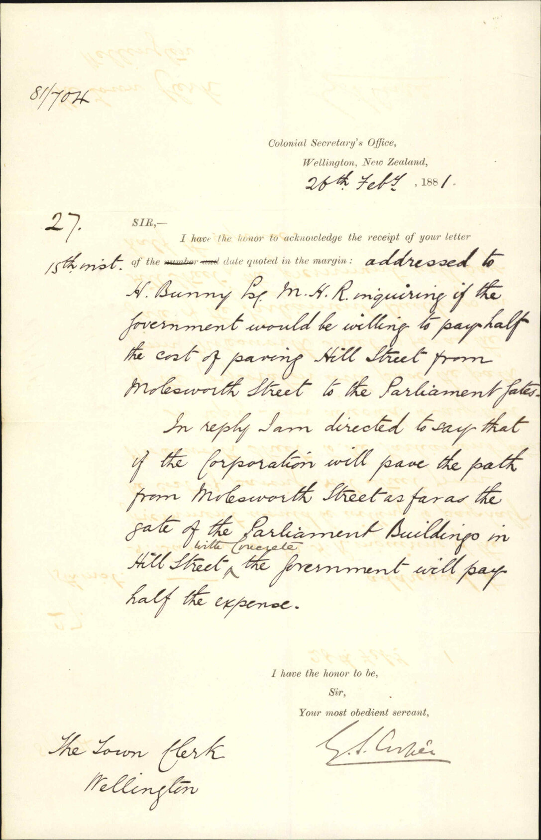 Colonial Secretary's Office, arguing to pay half share of Hill Street pavement