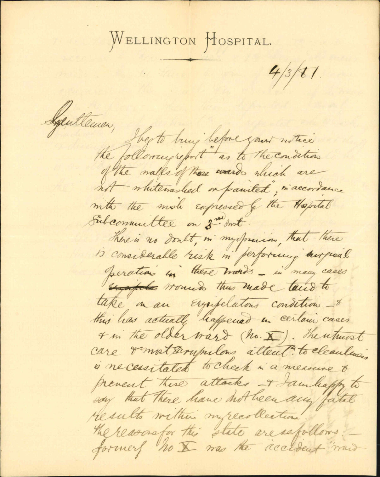 Hospital surgeon, report as to state of wards - regarding erysipelas