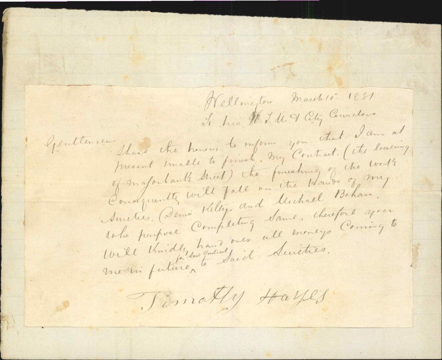 Timothy Hayes, unable to complete his contract in Majoribanks Street