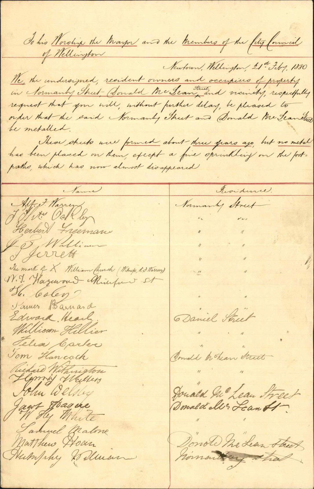 Petition, for Metalling Normanby and Donald McLean Streets