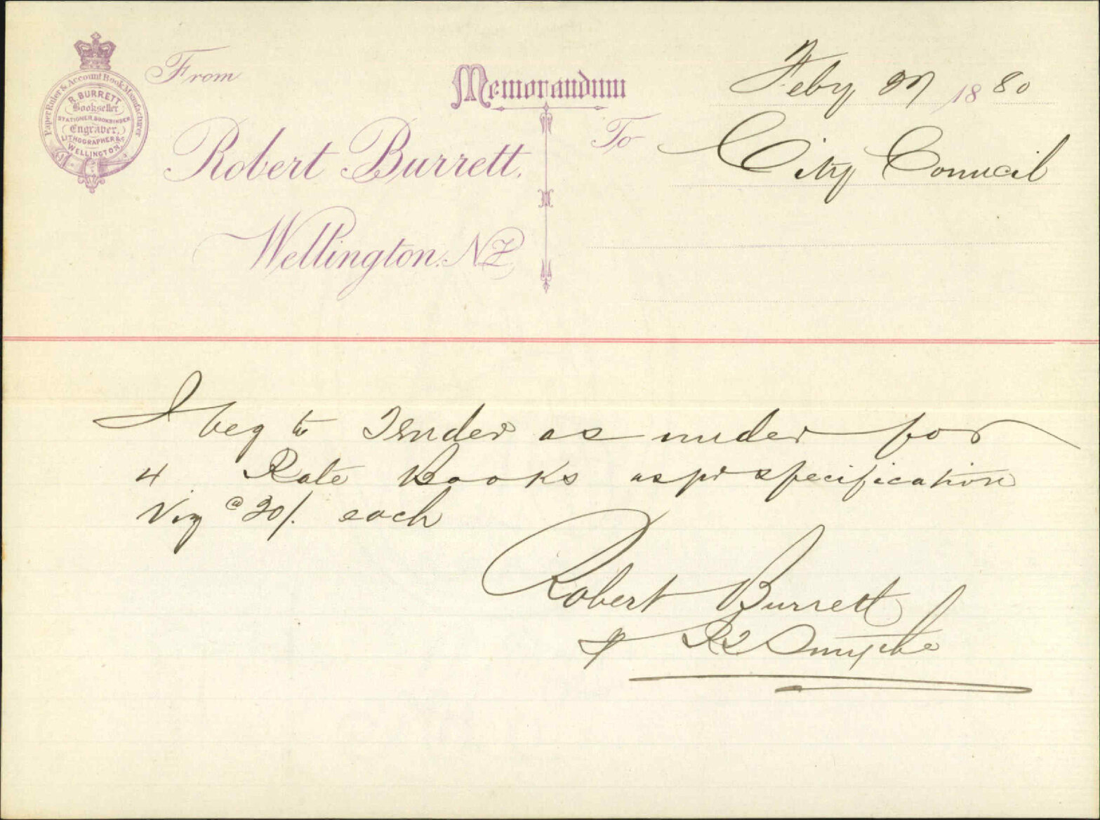 R Burrett, tender for rate books