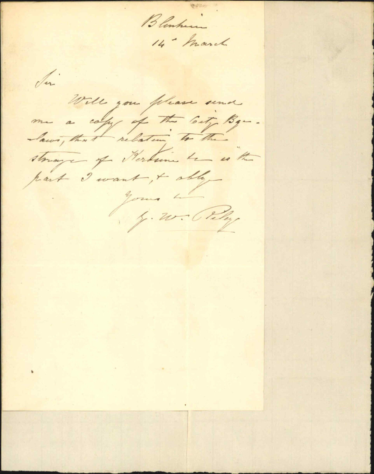 G W Riley, asking for copy of bylaws regarding kerosene storage