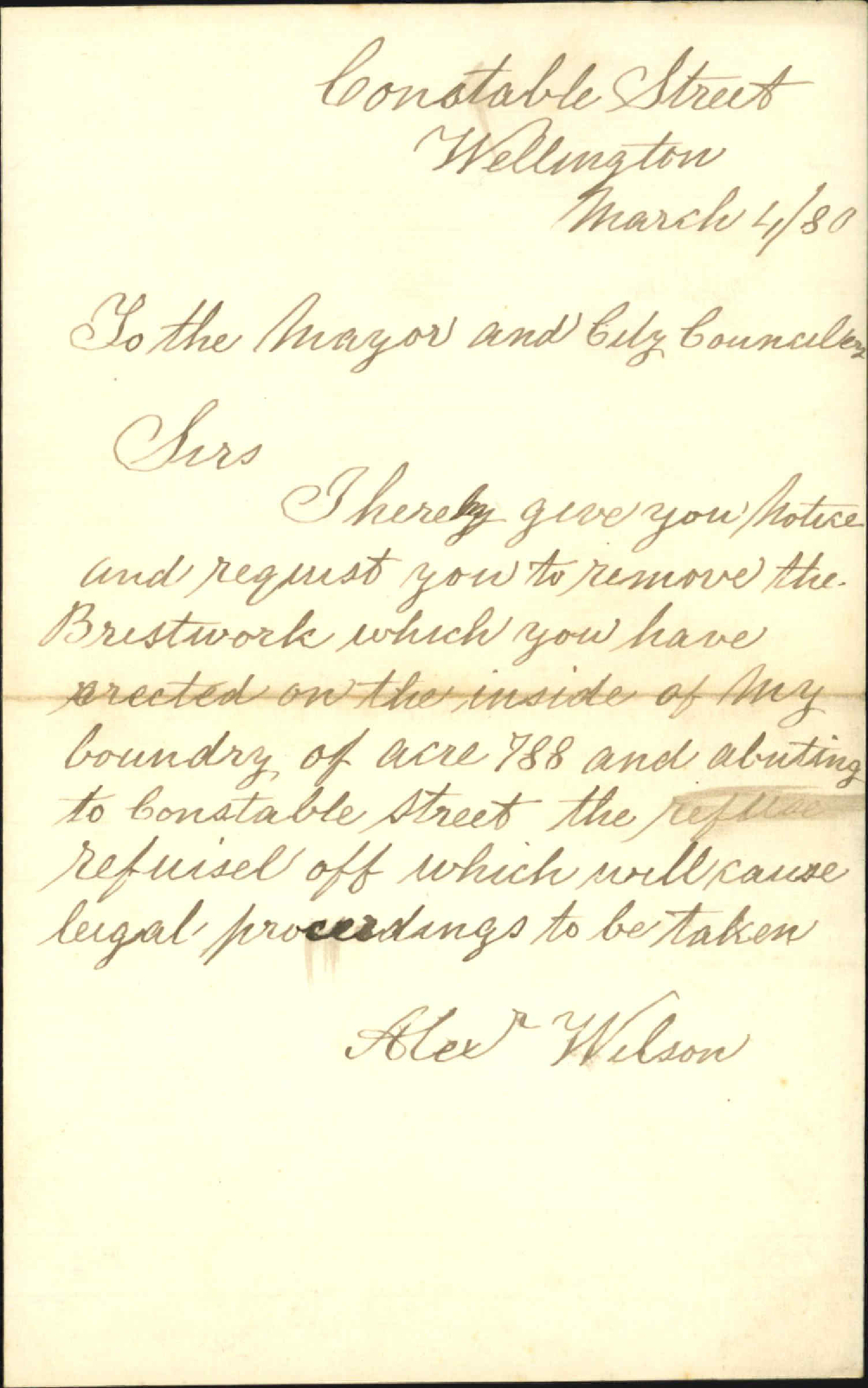 Alex Wilson, notice regarding fence in Constable Street