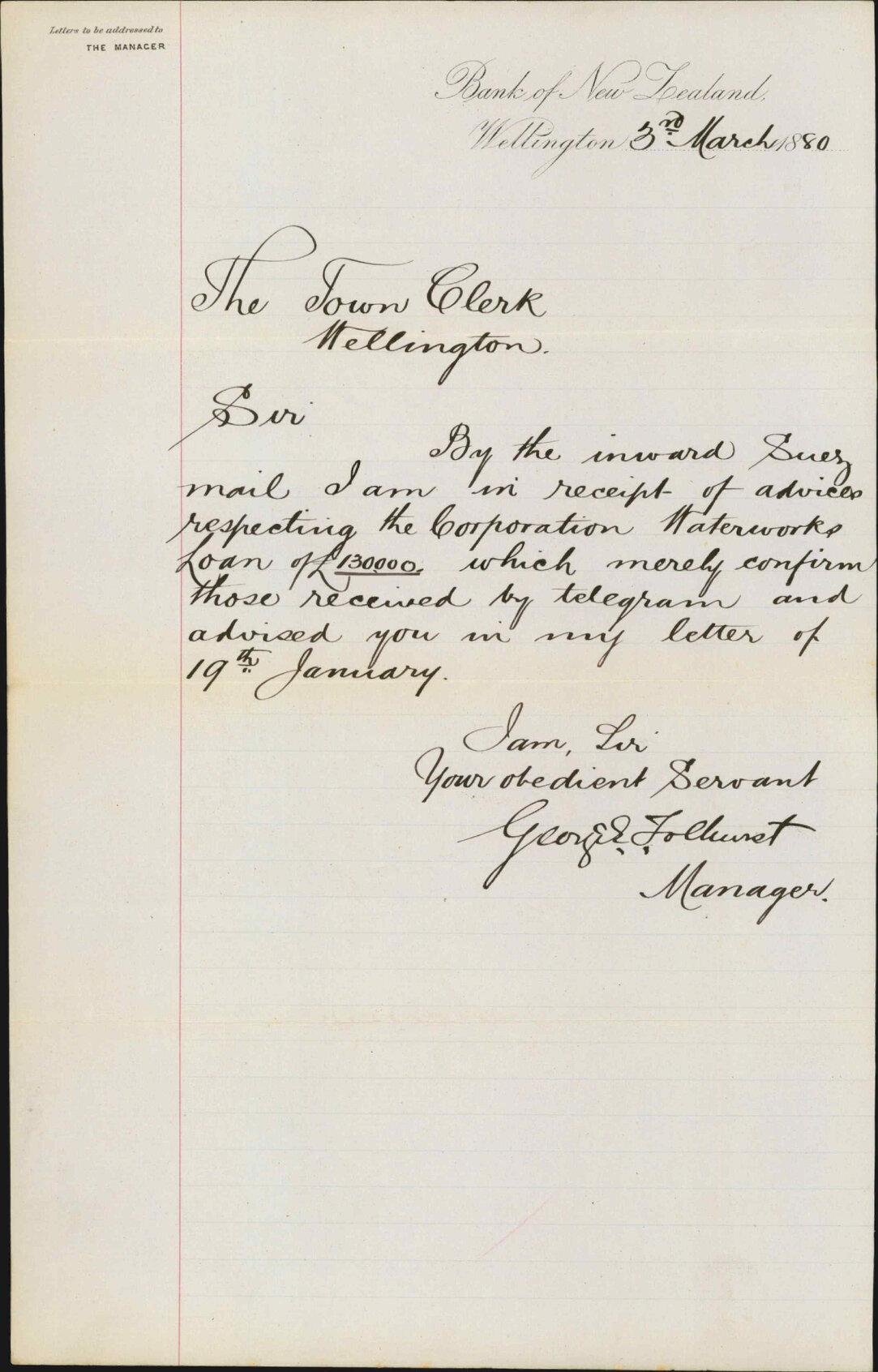 Bank of New Zealand, confirming previous as to water works extension loan