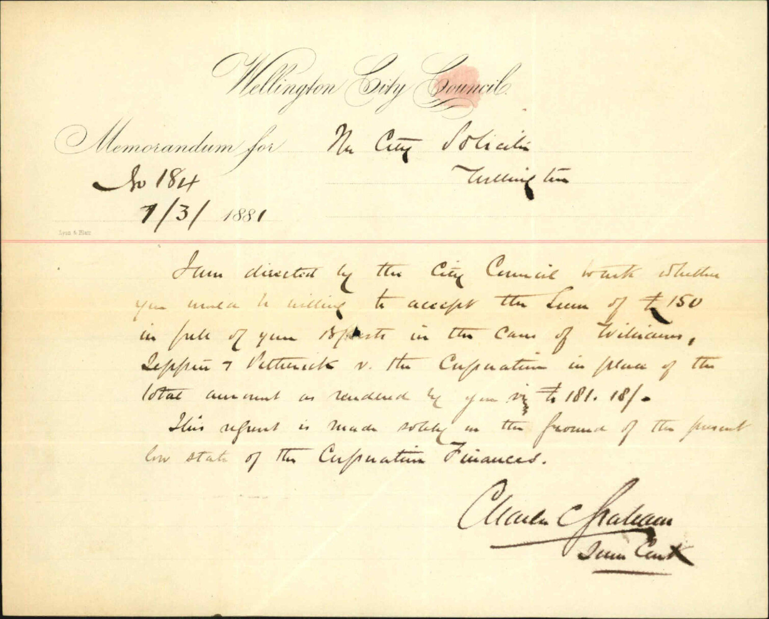 City Solicitor, requesting to accept &pound;150 in full of B/Costs [bills of costs] in the cases of Williams, Leppin and Petherick v Corporation
