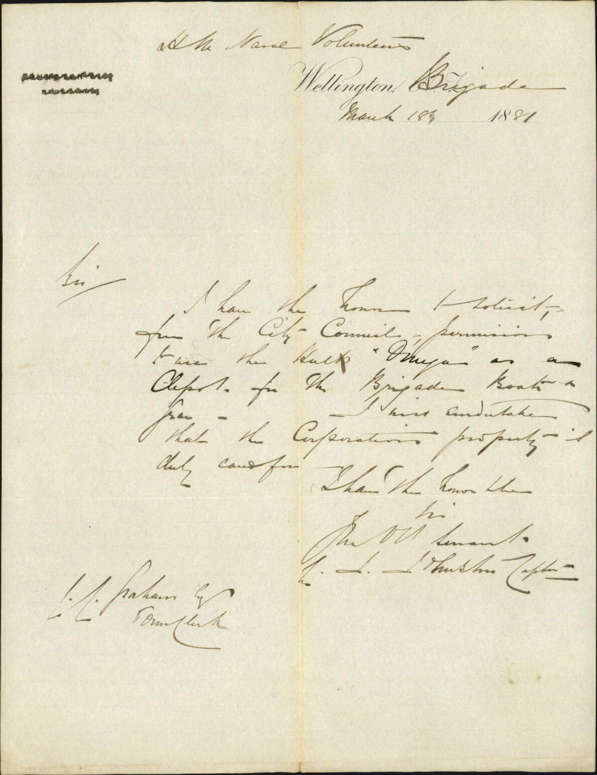 Naval Volunteers, application for leave to use the hulk "Omega" as depot